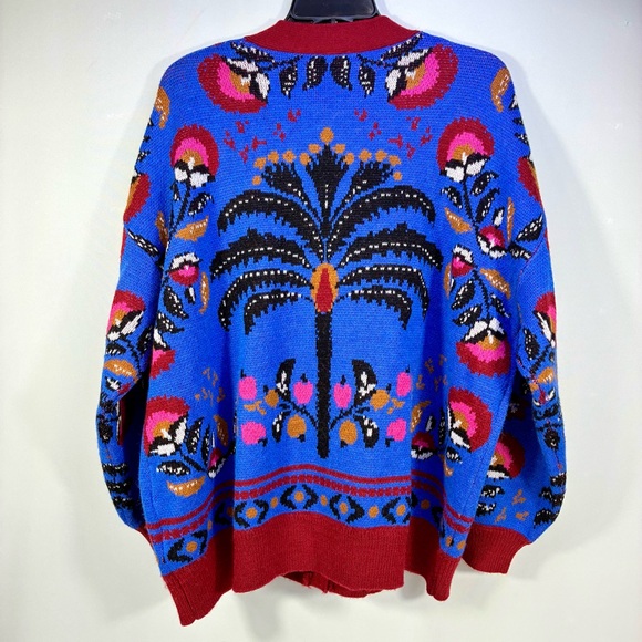 Farm Rio Palms Paradise Teal Cardigan Sweater Blue Red Medium NEW - Picture 5 of 17